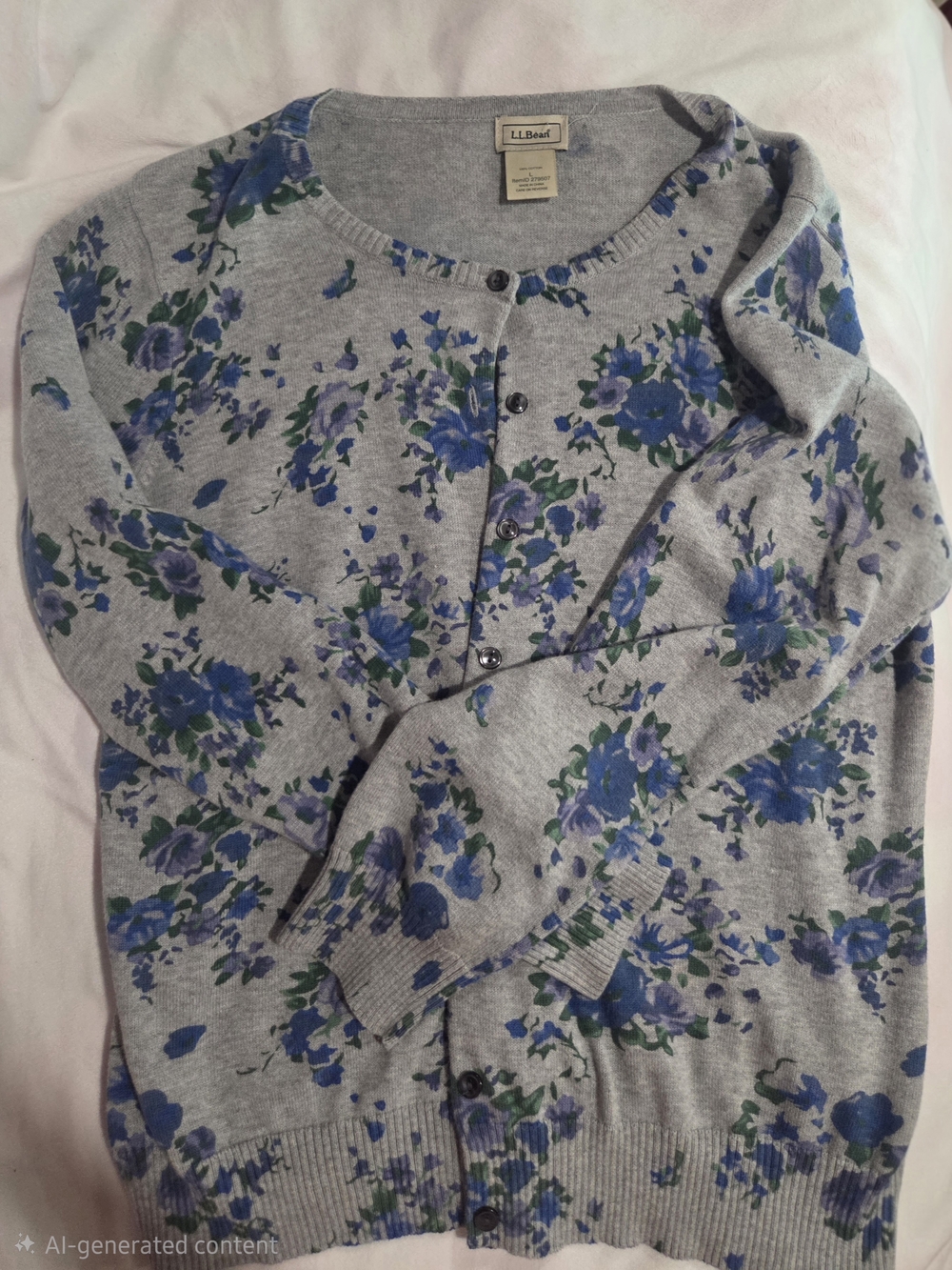 L.L. Bean Gray Cardigan Sweater with Blue and Green Floral Print